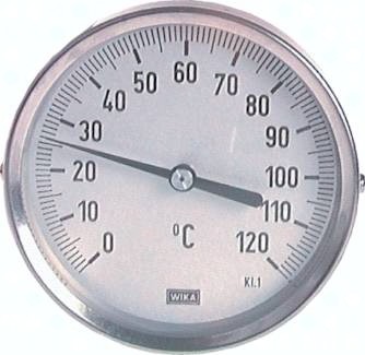 Bimetallthermometer waagerecht ohne Schutzrohr, 18 mm Bund, Klasse 1.0